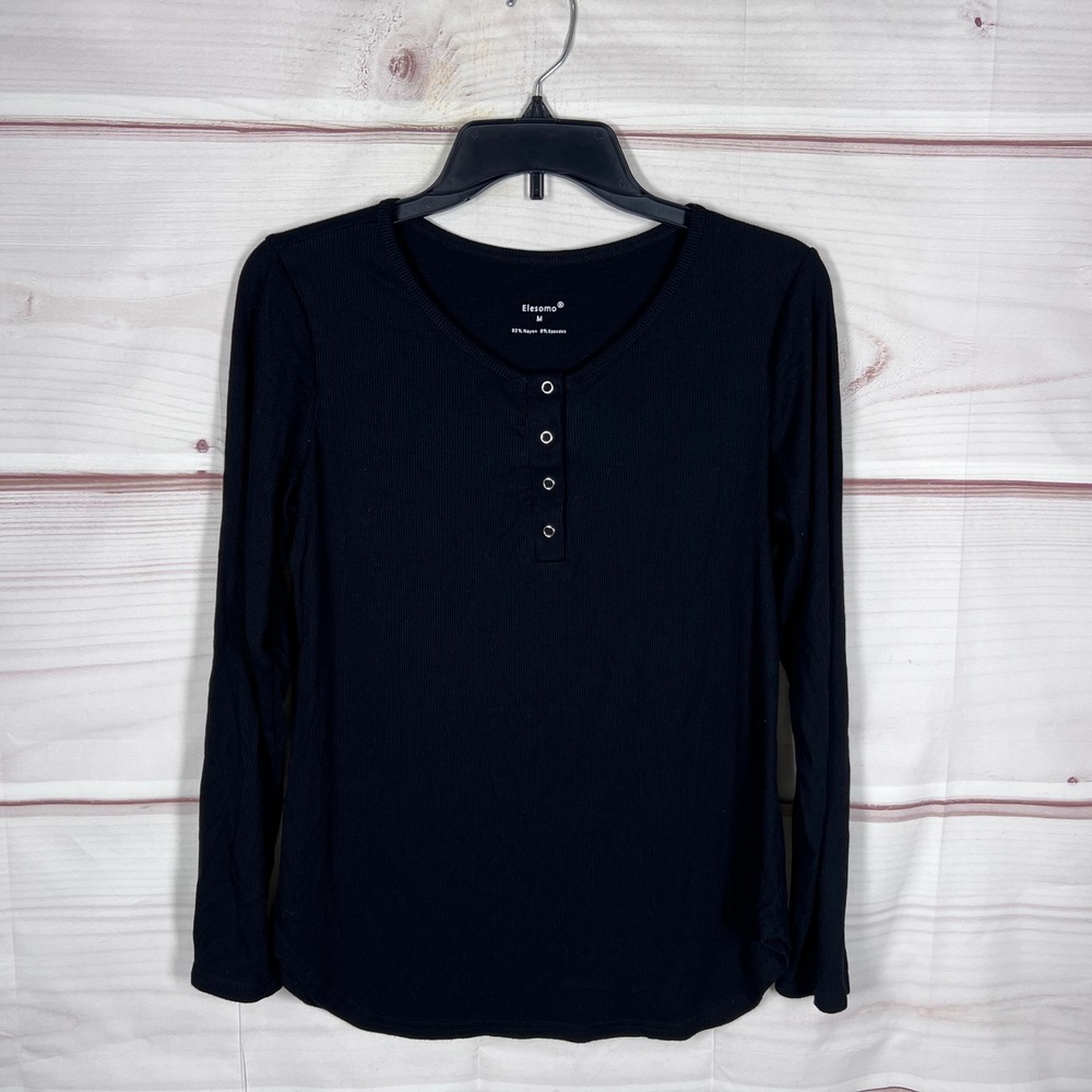Elesomo Henley Top Women Medium Black Ribbed Long Sleeve Button Front Casual